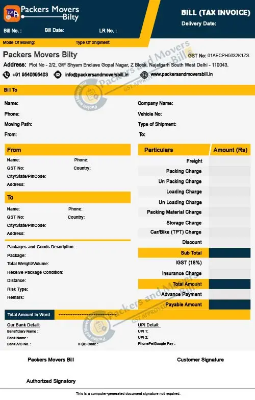 Packers and Movers Bill Dehradun Sample