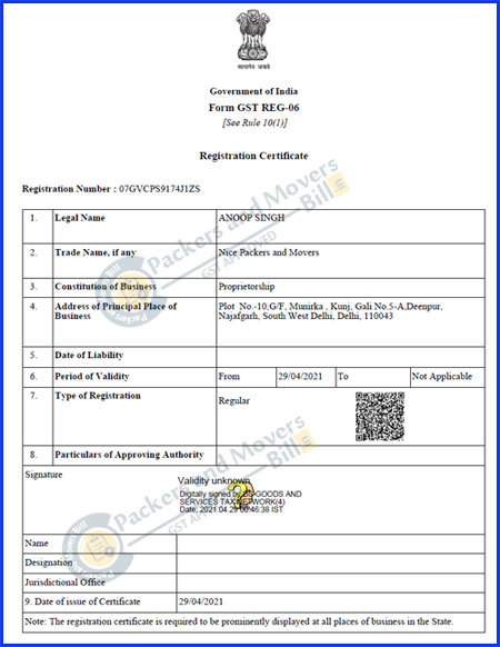Nice Packers and Movers GST Certificate