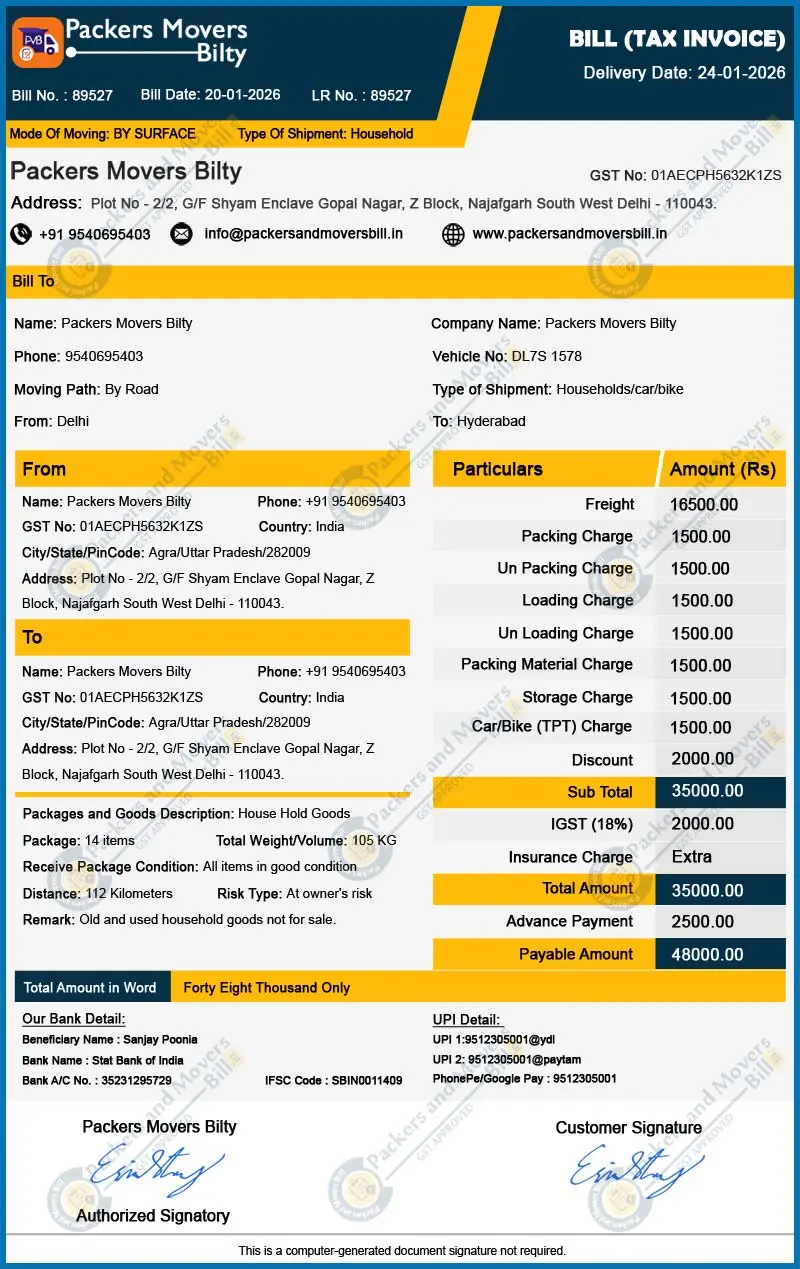 Packers and Movers Bill For Claim